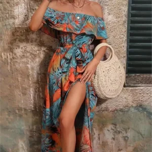 Women Summer New Sexy One Line Collar Strapless Ruffle Edge Lace Up With A Split Waist Dress Fashionable Printed Ruffle Sleeves