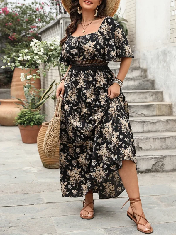 GIBSIE Plus Size Square Neck Floral Print Maxi Dress Women Summer 2025 Knot Front Hollow Out Boho Vacation Big Swing Dresses - Image 4
