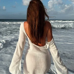 Sexy See Through Women Backless Bell Sleeve 2025 Summer Solid Knit Beach Swimwear Coverups Elegant Crew Neck Mini Dresses K98