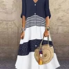 Women's Spring Summer New Style Sexy V-neck Fashion Printed Long One Shoulder Dress Casual Loose Five Sleeve Long Dress - Image 2