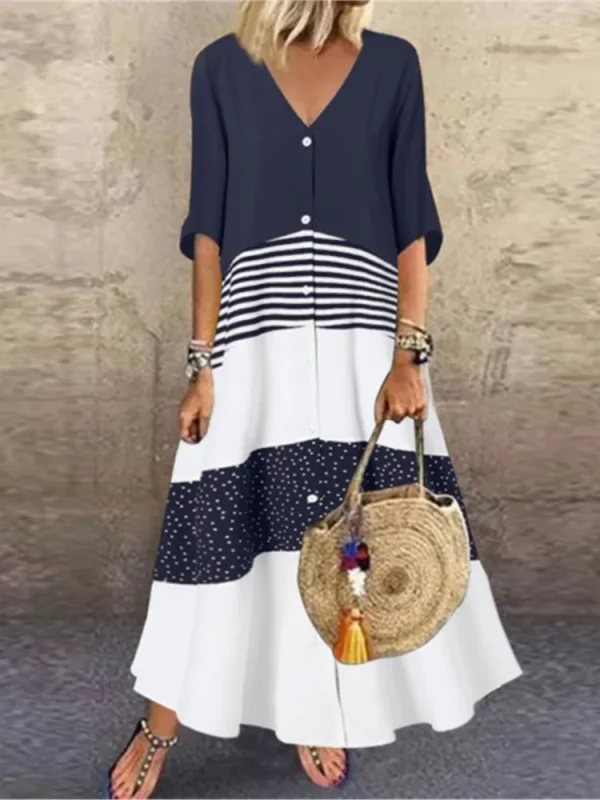 Women's Spring Summer New Style Sexy V-neck Fashion Printed Long One Shoulder Dress Casual Loose Five Sleeve Long Dress - Image 2
