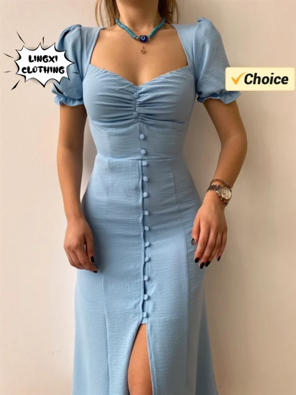 2025 Summer Fashion Summer Skirt Holiday Style Sexy Women's Dress V-neck Single Breasted Shrugged Mid Length Dress - Image 5
