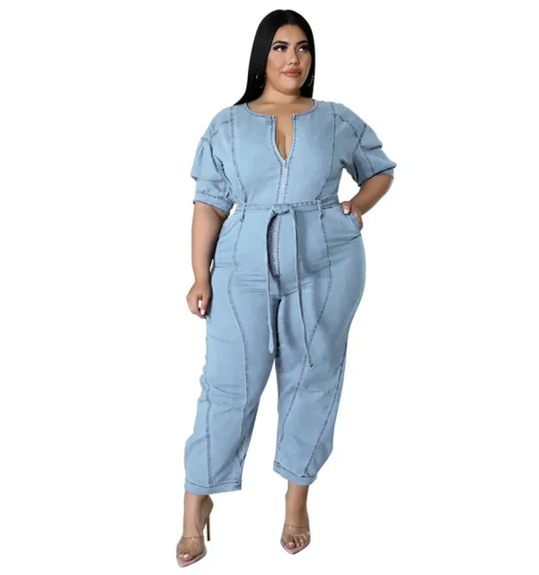 Wmstar Plus Size Jumpsuit Women Denim Zipper Up Sashes Pockets Trousers Stretch Straight Bodysuit 2022 Wholesale Dropshipping - Image 2