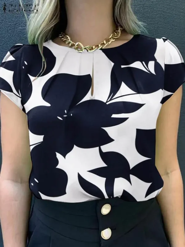 ZANZEA Summer Fashion Floral Printed Blouse Bohemian Holiday Tops Woman Elegant Short Sleeve Work Shirt Casual Pleated Blsuas - Image 3
