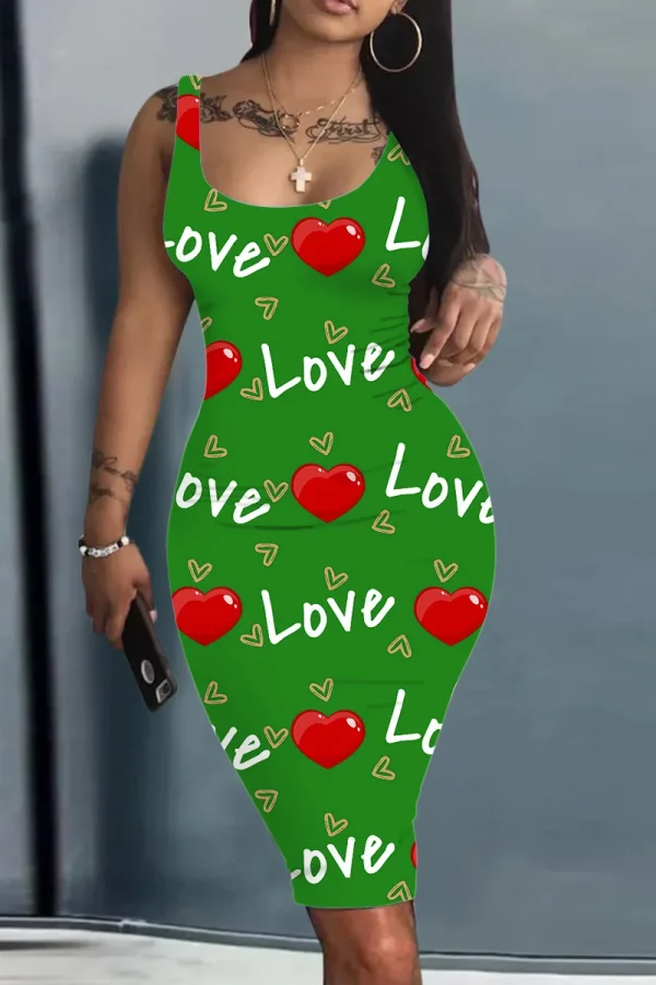 Платье Женское Plus Size Summer Women's Dress Large Size Contrast Heart Print U-Neck Sleeveless Casual Bodycon Mini Dresses - Image 6