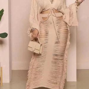 2025 Women's Fringed 2-piece Long-sleeved Top & Fringed Cutout Floor-length Dress Millennium Bohemian Suit Dress