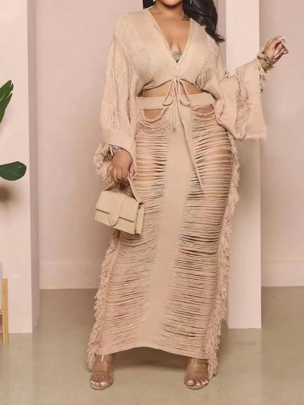 2025 Women's Fringed 2-piece Long-sleeved Top & Fringed Cutout Floor-length Dress Millennium Bohemian Suit Dress