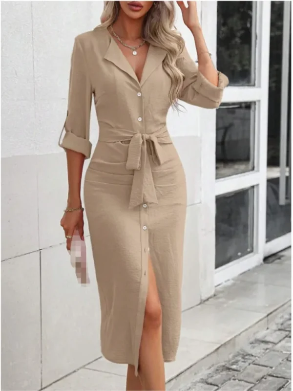 2025 Women's New Autumn Solid Color Lapel Waist Cinching Lace Up Temperament Sexy Slit Single Breasted Dress For Women - Image 2