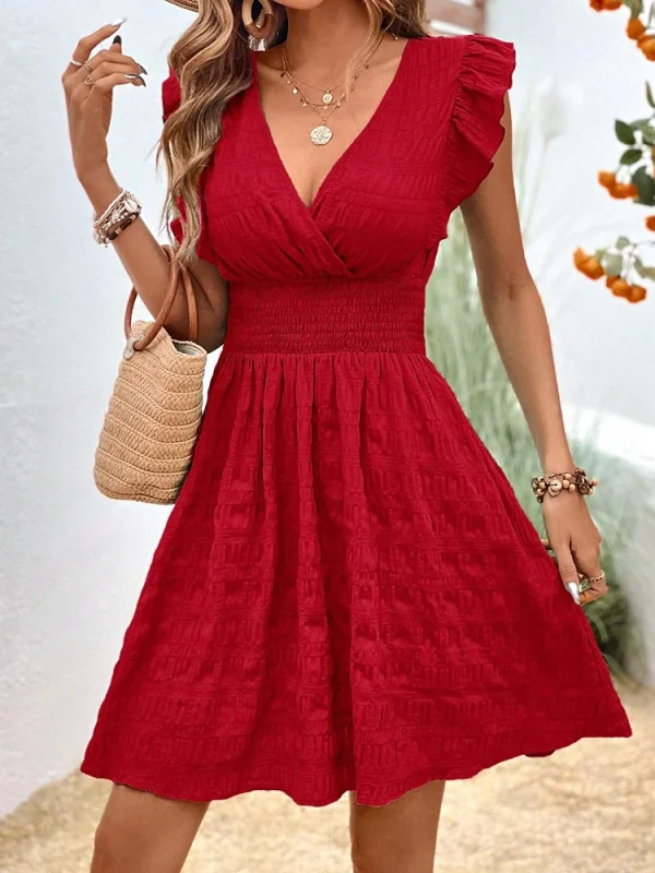 Elegant Short Dresses For Women Summer Casual Slim Red Sleeveless Holiday Beach Dress Fashion V Neck A-line New In Dresses - Image 2