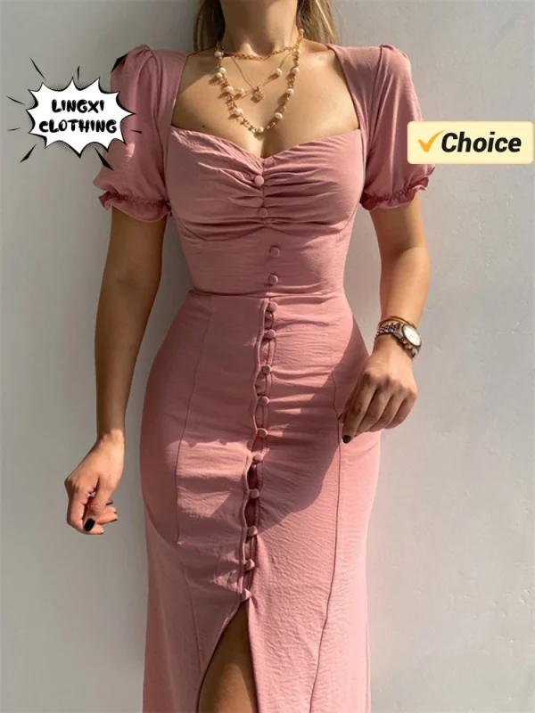 2025 Summer Fashion Summer Skirt Holiday Style Sexy Women's Dress V-neck Single Breasted Shrugged Mid Length Dress - Image 4
