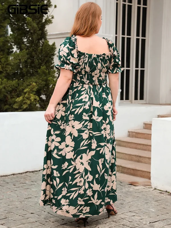 GIBSIE Plus Size Square Neck Floral Print Puff Sleeve Dress Women Summer 2025 Vacation Beach Bohemian Swing Long Maxi Dresses - Image 2