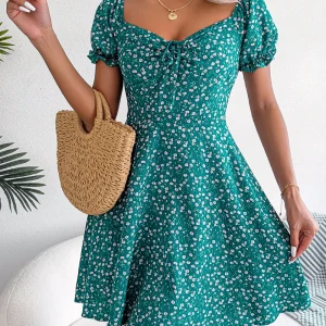 Women Casual Ruffles Short Sleeve Floral Print A Line Dress