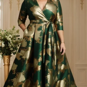 Floral Printed Satin Plus Size Dress for Women Sexy V-Neck Pleated A-Line Elegant Vintage Casual Half Sleeve Evening Midi Dress