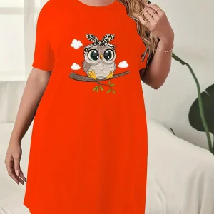 Plus Size Dresses Women's Nightgowns Round Neck Short Sleeve Dress Printed Owl Micro Stretch Oversized Dresses Women's Homewear