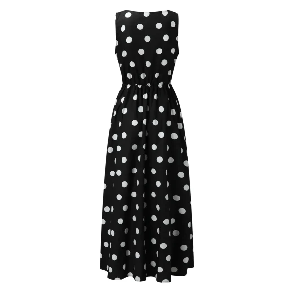 Elastic Waist V Neck Long Dress Sleeveless Print Side Slit Evening Party Dress Ladies Round Dot Printing Casual Sweet dress - Image 3