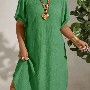 European and American large-size women's clothing 2025 summer new short-sleeved solid color dress large-size