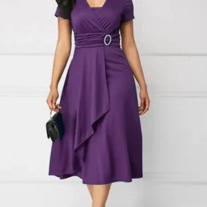 Summer Dresses Elegant Women Solid Color Short Sleeve V Neck Asymmetric Hem Waist Tight Midi Party Dress Ladies Evening Vestidos