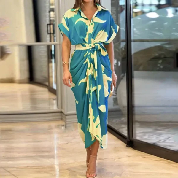 Women Dress Summer Autumn New Elegant Loose Printed Loose Lace-up Irregular Dress Women Half Sleeve V-neck High Waist Sexy Dress - Image 2