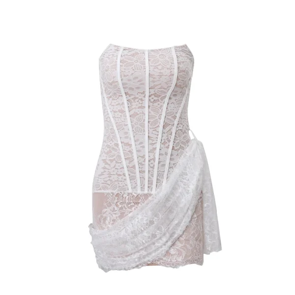 Candyhot Elegant Lace Strapless Sexy See-through Dress Bandage Irregular Mini Dress For Women Summer Slim Street Party Dress - Image 2