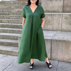 Women's L-5XL Plus Size Spring/Summer Large Size Loose Cotton and Hemp Short Sleeve Fashion Dress V-neck Solid Color Casual
