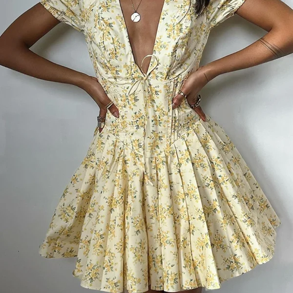 Candyhot Elegant Retro Print Y2K Casual Dress Summer Short sleeved V-neck Evening Dress High Street Club Ruffled Aesthetic Dress - Image 4