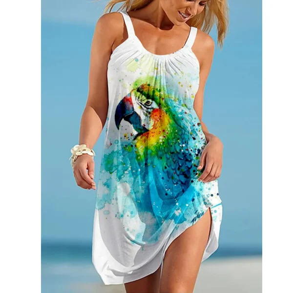 Sunflower Parrot Print Strap Mini Beach Dress Women Boho Summer Sexy Floral Dress Sleeveless Party Evening Dresses Hem Camisole - Image 2