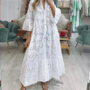 Dresses for Dresses Spring Summer Shirt Dress 2025 White dresses V-Neck Flared Sleeves Lace Hollow Solid Color Sexy Long Dresses