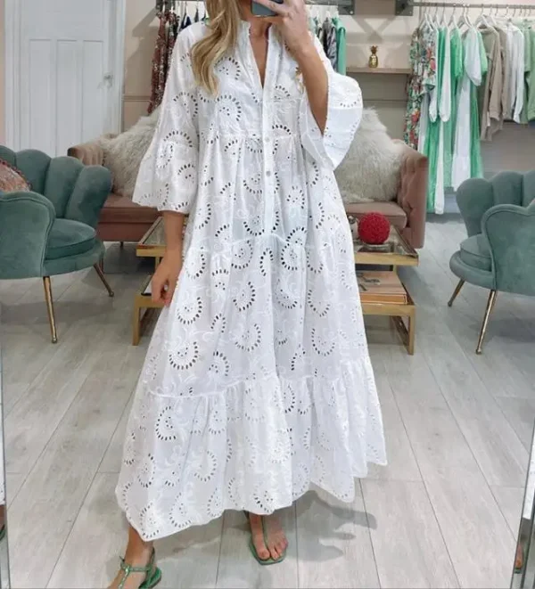 Dresses for Dresses Spring Summer Shirt Dress 2025 White dresses V-Neck Flared Sleeves Lace Hollow Solid Color Sexy Long Dresses