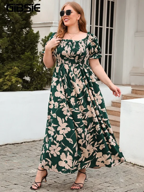 GIBSIE Plus Size Square Neck Floral Print Puff Sleeve Dress Women Summer 2025 Vacation Beach Bohemian Swing Long Maxi Dresses - Image 5