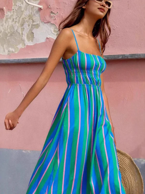 2025 Summer Fashion New Women's Elegant Beach Vacation Dress with Strap Printing Stripe Casual Long A-line Dress - Image 3