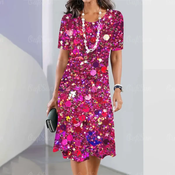 2025 New Women's Dresses Sequin Print Elegant & Beautiful Midi Dresses Plus Size Female Summer One-piece Dress Free Shipping