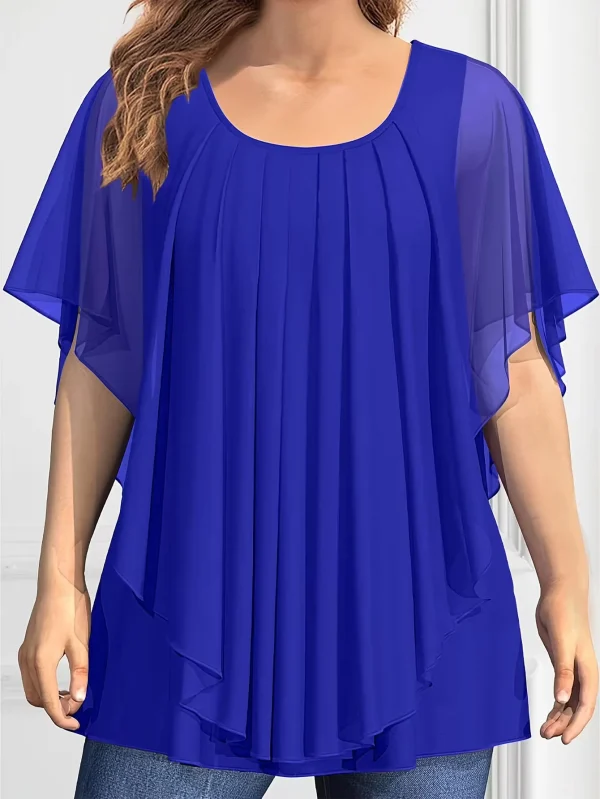 Women's Blouse Plus Size Casual Blue Chiffon Double Layer Flutter Sleeve Pleated Asymmetric Hem Blouse Summer Casual O-Neck Top