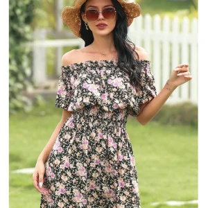 2025 Spring and Summer New Women's Random Printed Pullover Dress One Collar Midi Dress Beach Seaside Holiday