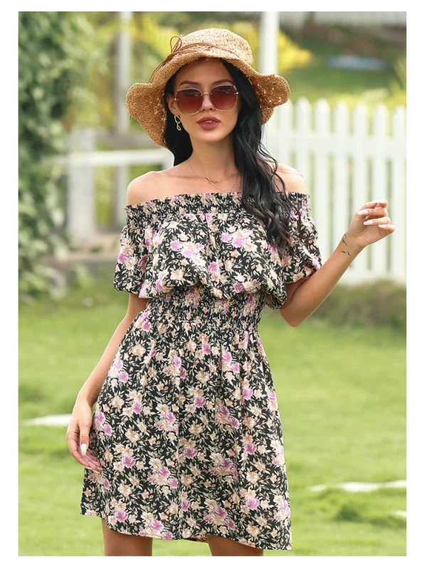 2025 Spring and Summer New Women's Random Printed Pullover Dress One Collar Midi Dress Beach Seaside Holiday