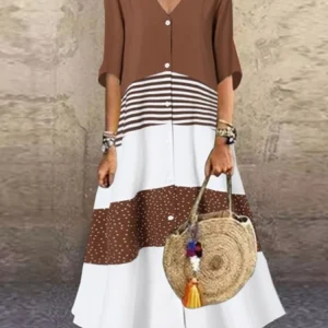 Women's Spring Summer New Style Sexy V-neck Fashion Printed Long One Shoulder Dress Casual Loose Five Sleeve Long Dress