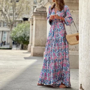 Summer Dress Woman 2025 New Fashionable Printed Sexy V-neck Long Sleeve High Waist Elastic Waist Medium Length Bohemian Dress