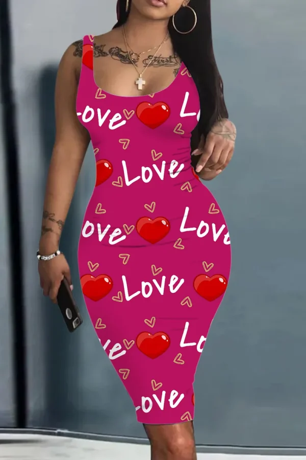 Платье Женское Plus Size Summer Women's Dress Large Size Contrast Heart Print U-Neck Sleeveless Casual Bodycon Mini Dresses - Image 3