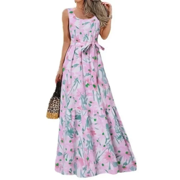 Spring/Summer Women's L-5XL Plus Size Elegant Square Neck Sleeveless Printed Long Dress Fashion Leisure Beach Vacation Belt Long - Image 5