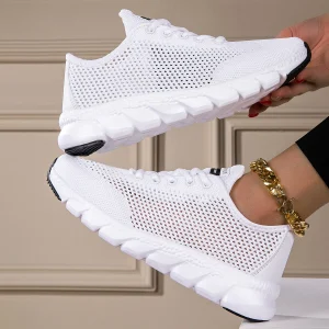 2025 New cross-border large summer hollowed-out woven women's sports casual shoes light running shoes White shoes