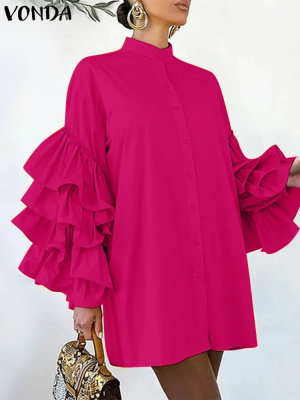 Plus Size VONDA Women Mini Dress 2025 Elegant Stand Collar Layer Ruffled Sundress Casual Solid Color Robe Long Sleeve Vestidos - Image 2