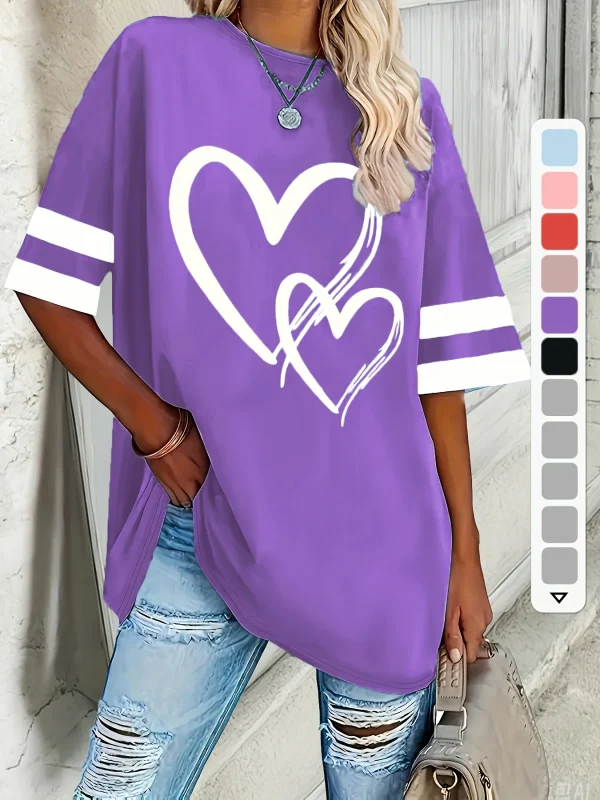 Plus size women's casual short-sleeved love and elegant comfort pullover T-shirts for spring and summer