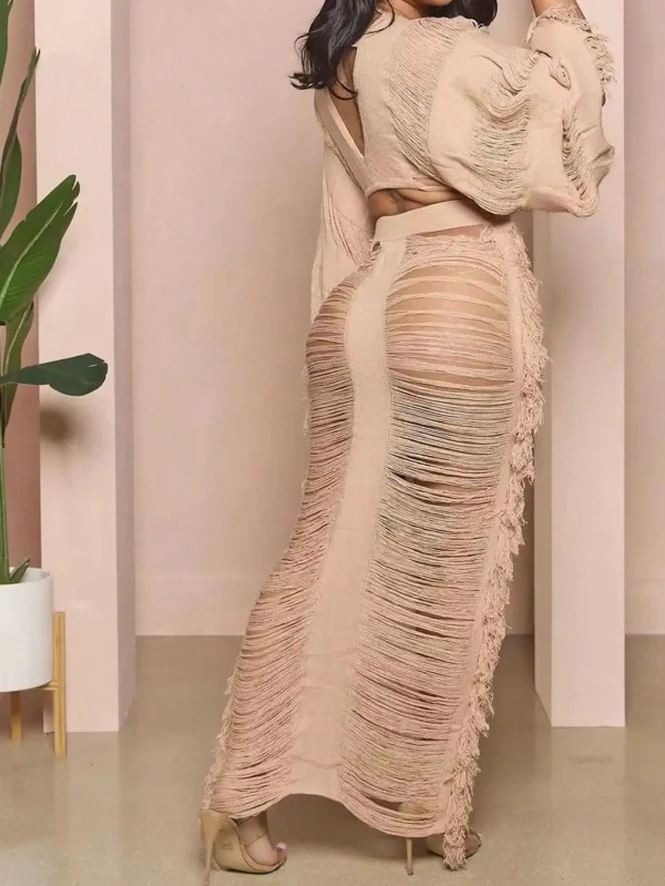 2025 Women's Fringed 2-piece Long-sleeved Top & Fringed Cutout Floor-length Dress Millennium Bohemian Suit Dress - Image 2
