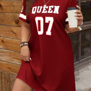 Plus Size Women's Summer Music Festival Pattern Sporty Casual Letter Print Fashionable 07 Printed Jersey Tenniscore Dress