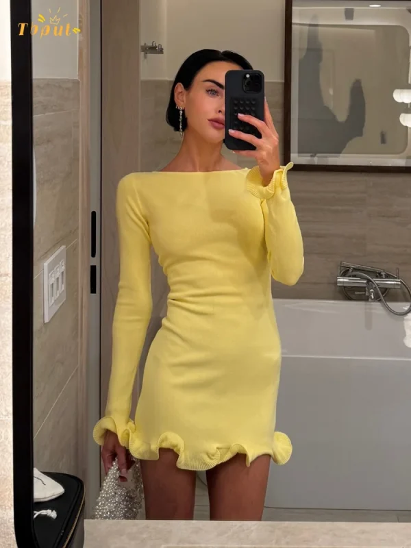 Lady Fashion Ruffles Hem Mini Dress Women Elegant O Neck Long Sleeve Slim Fit Gowns 2025 Summer Vacation Holiday Short Vestidos - Image 3