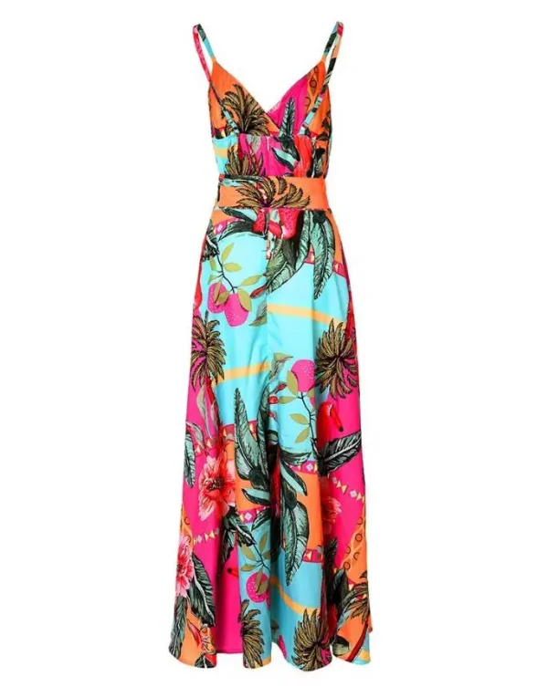 Dresses for Women 2023 Boho Tropical Print V-Neck Sleeveless Maxi A Line Casual Beach Vacation Dress With Belt - Image 4