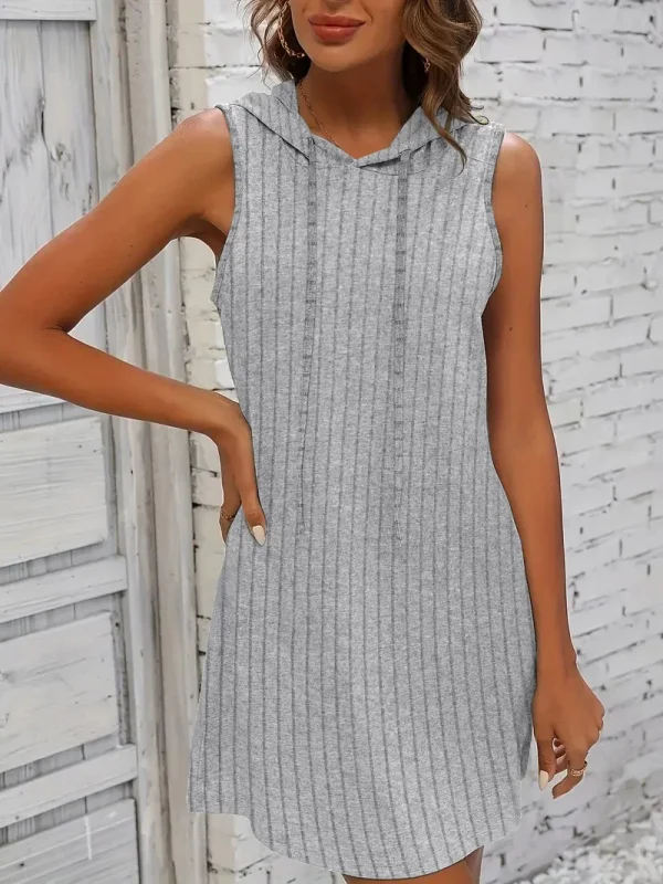 Hooded Sleeveless Dress Short Skirt Drawstring Casual Summer Sweater Dress - Image 4