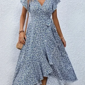 Plus Size 1XL-5XL Women's V-Neck Floral Print Dress Breathable Summer Casual Elegant Dress Sophisticated Style Long Beach Dress