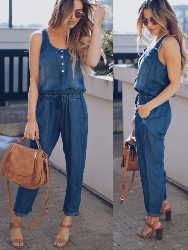 Summer Denim Jumpsuit For Women 2025 Fashion Sleeveless Button Vest Slim Drawstring Pant Jumpsuits High Street Women's Clothing