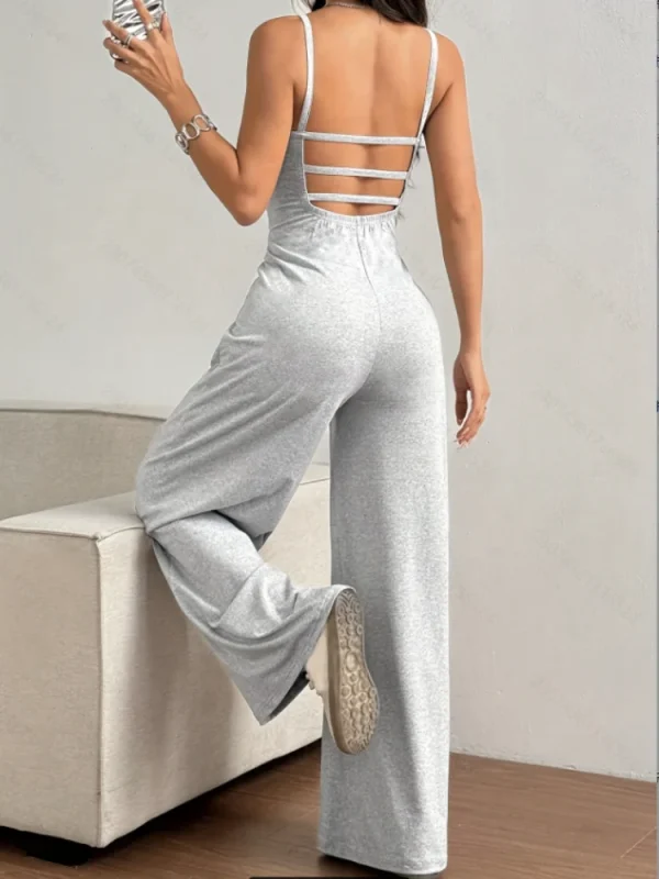 Women's Casual Halter Jumpsuit Spring and Summer Daily Solid Slim-Fit Backless Sleeveless Jumpsuit Lady's Floor-Length Trousers - Image 4