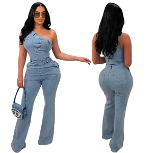2025 New European and American style off-shoulder waist-tight denim overalls; Fashionable outfit; Trend; Women's clothing; Flare